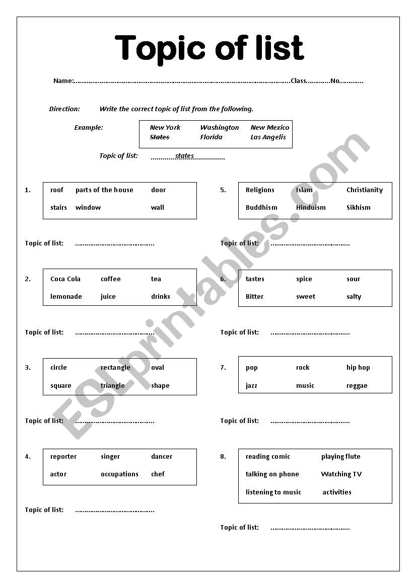 Topic of list worksheet