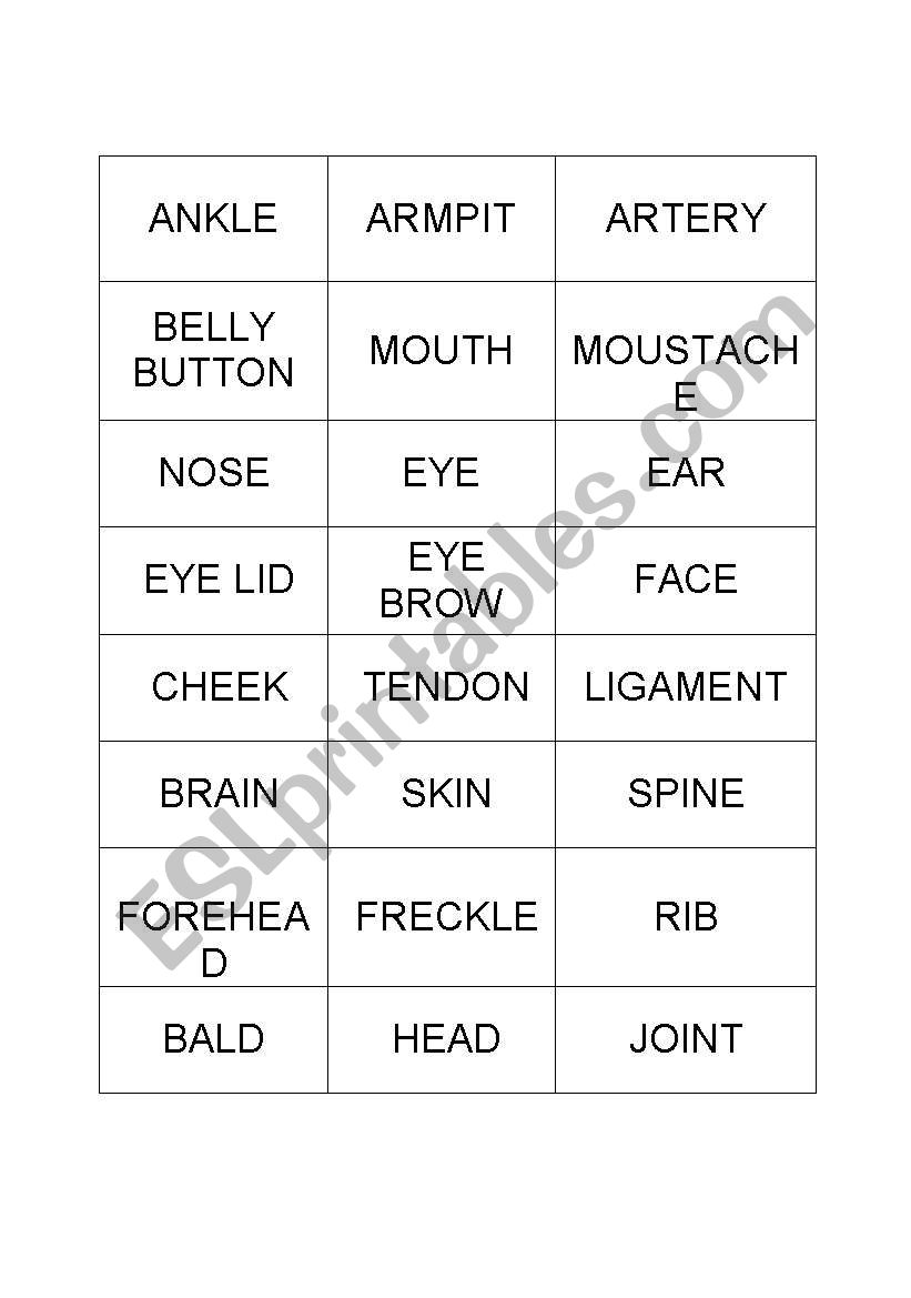 body cards worksheet