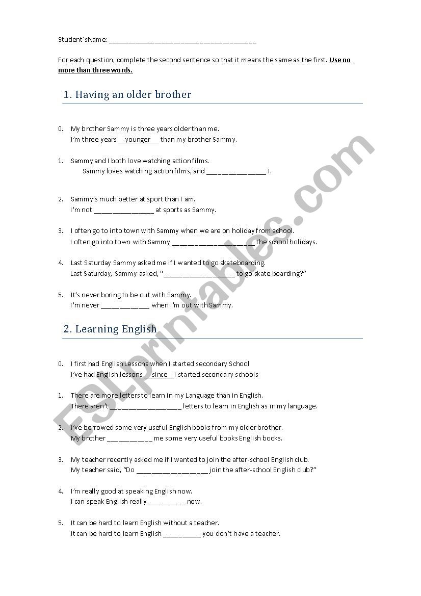 PET Wrting Part 1 Paraphrasing Exercises 2