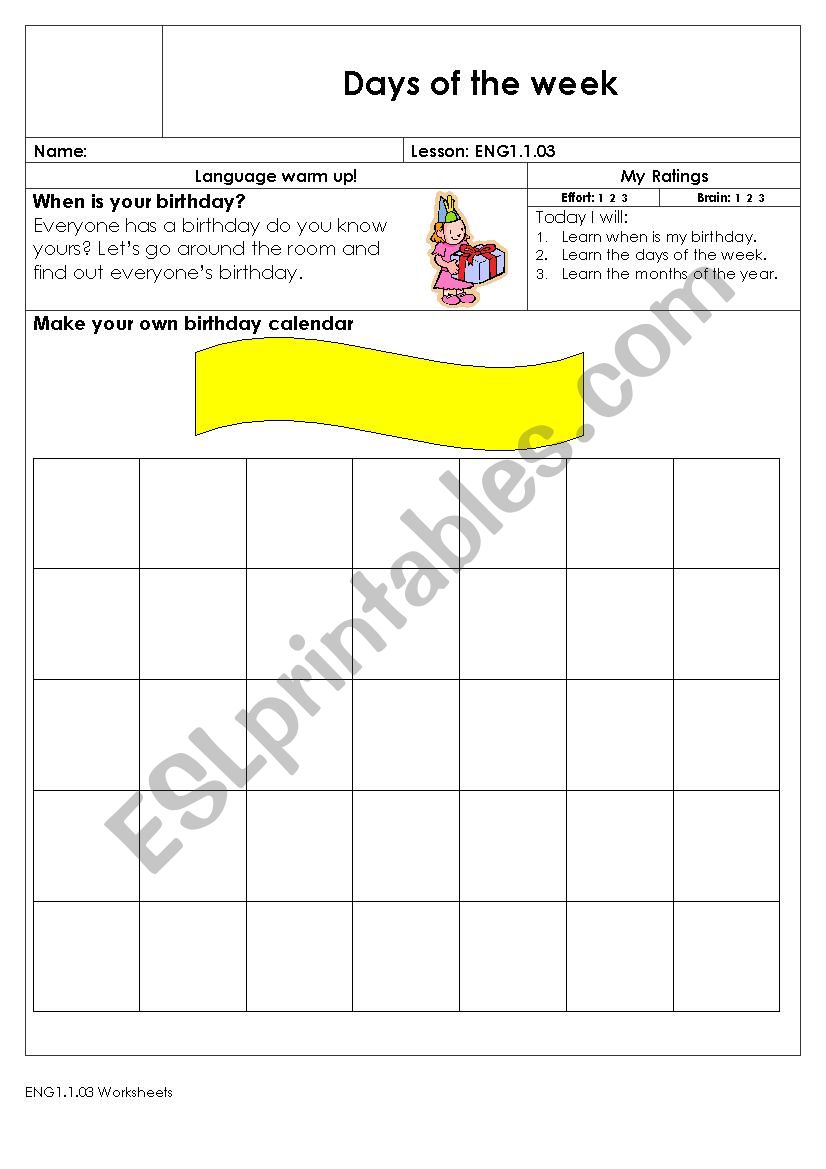 Days of the week worksheet