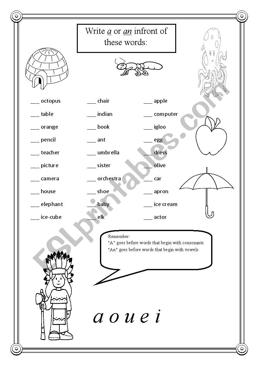 articles- a or an worksheet