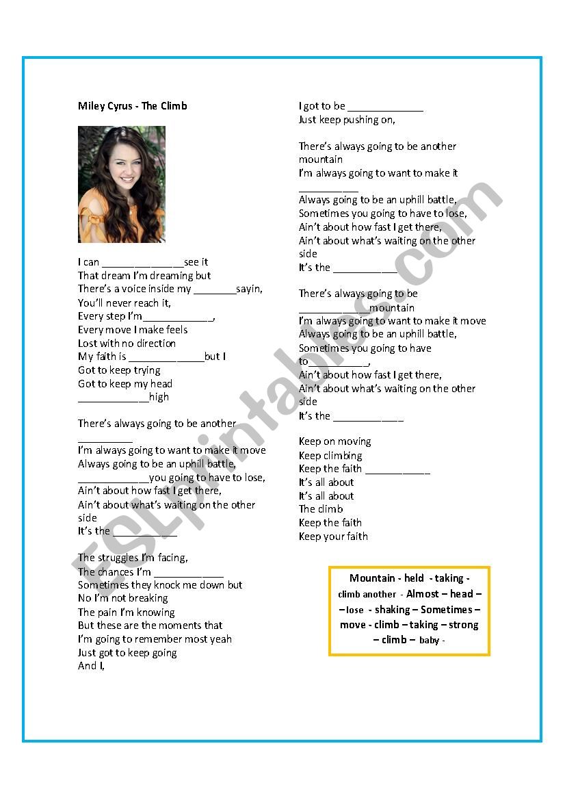 Miley Cyrus - The Climb song worksheet