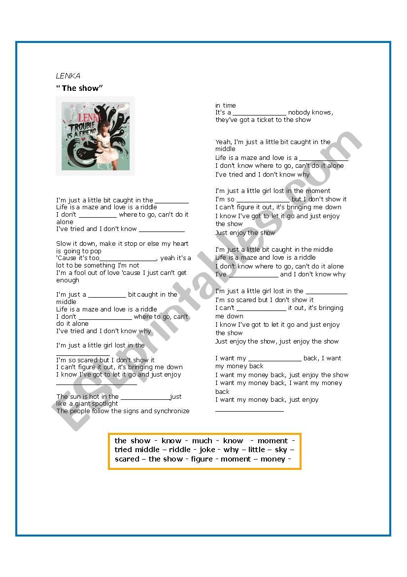 lenka - the show song worksheet