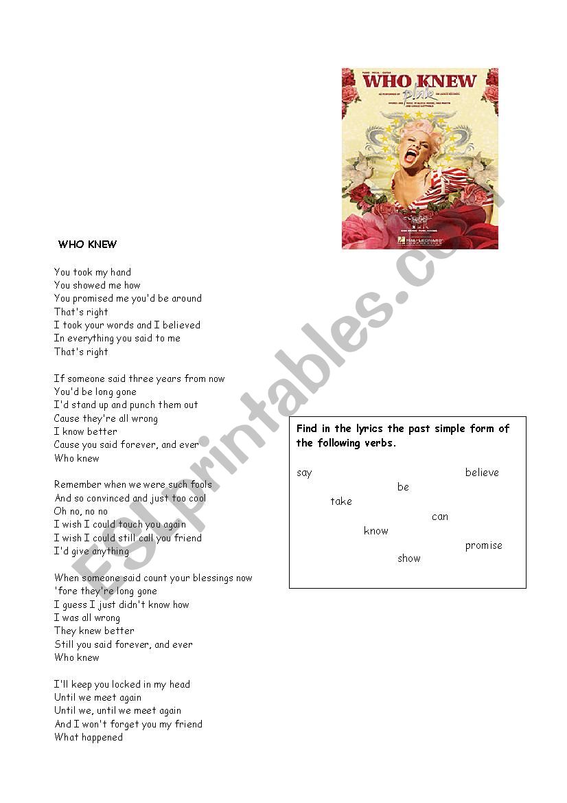 Song for Past Tense worksheet