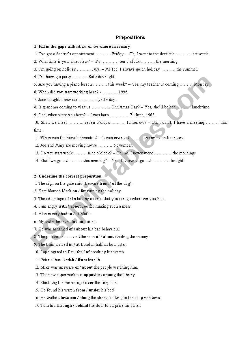 Prepositions worksheet