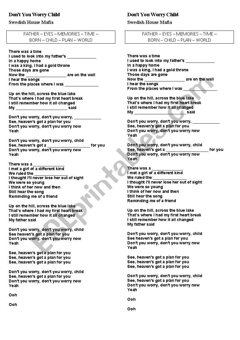 DonÂ´t worry child worksheet