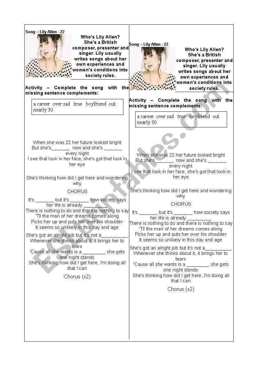 Lilly Allen song worksheet