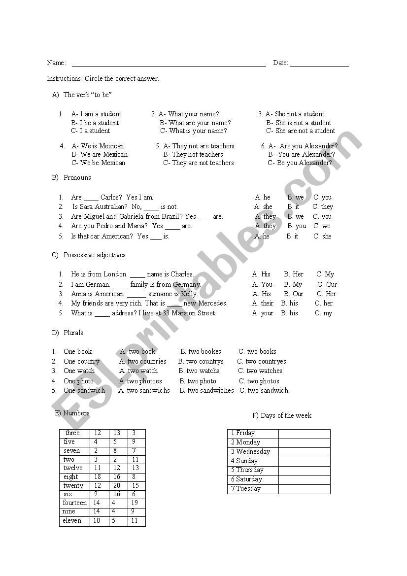 Diagnostic Exam for Beginners worksheet