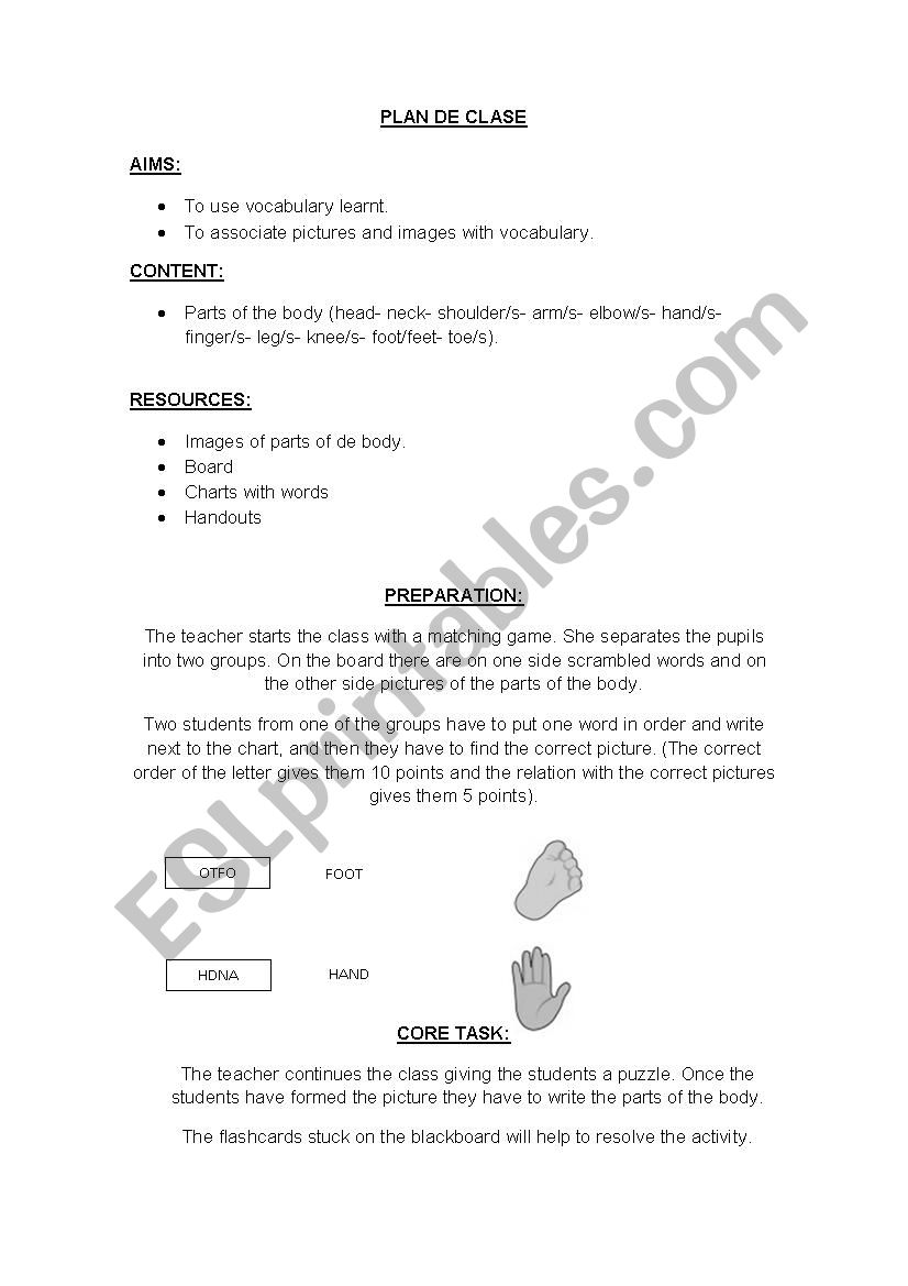 lesson plan my body worksheet