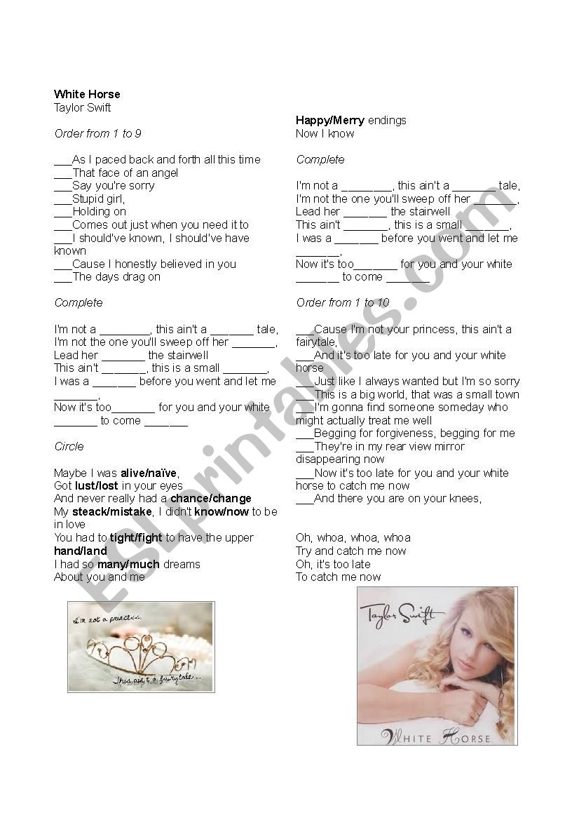 White Horse Taylor Swift worksheet