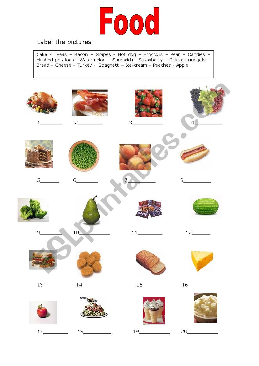 Food - Label the pictures - ESL worksheet by karidevitte@yahoo.com.br