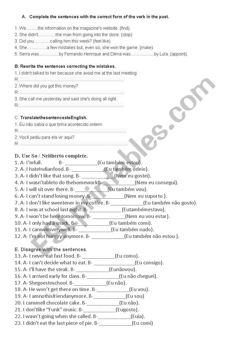 Past /  Neither / So  worksheet