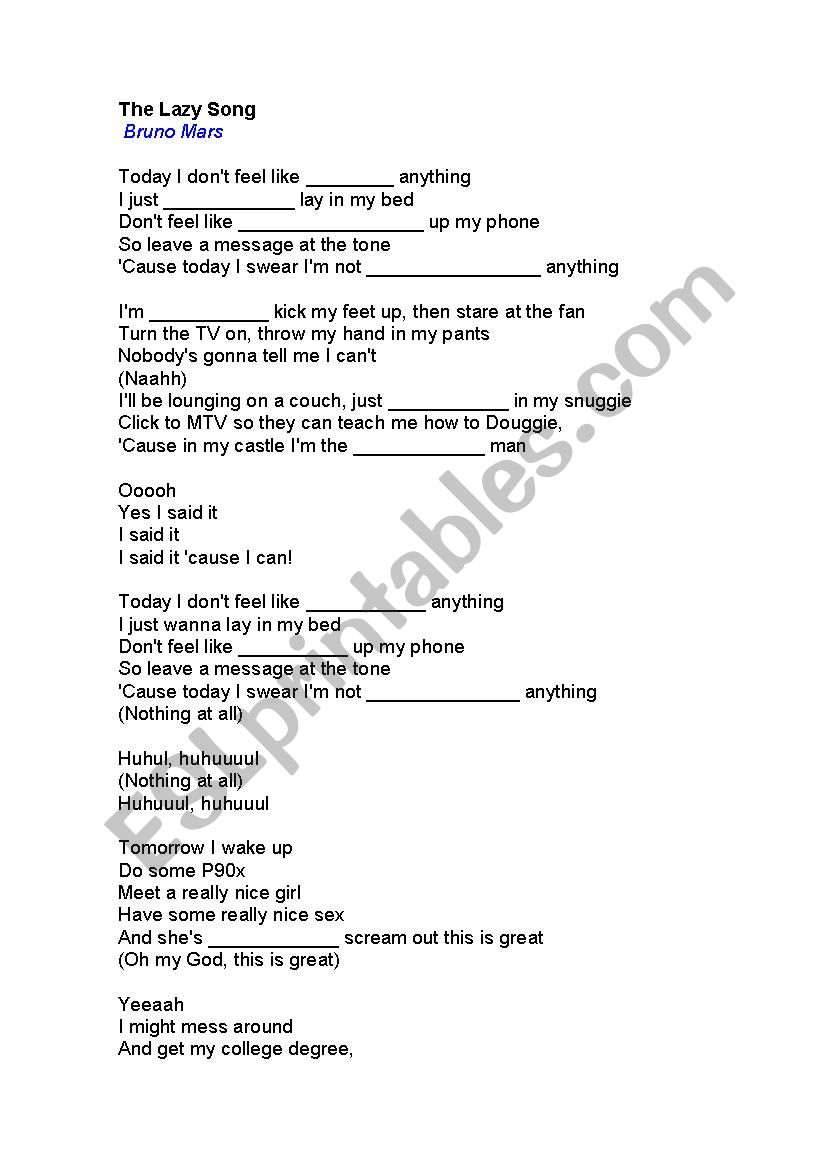 Lazy Song - By Bruno Mars worksheet