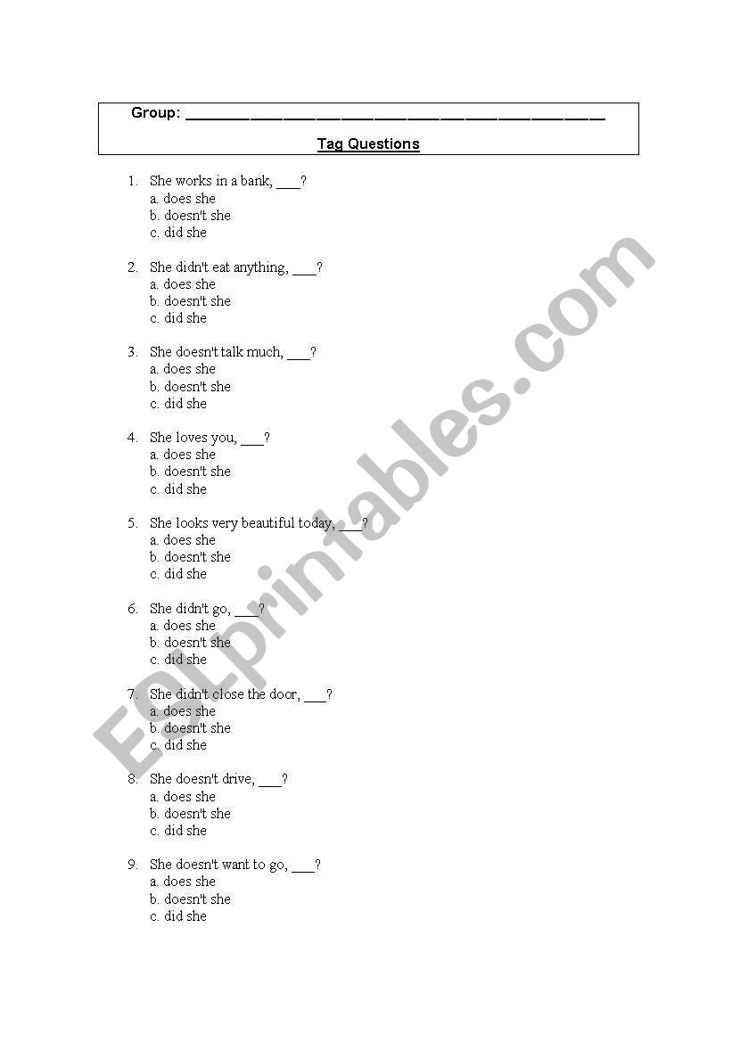 Tag Questions worksheet