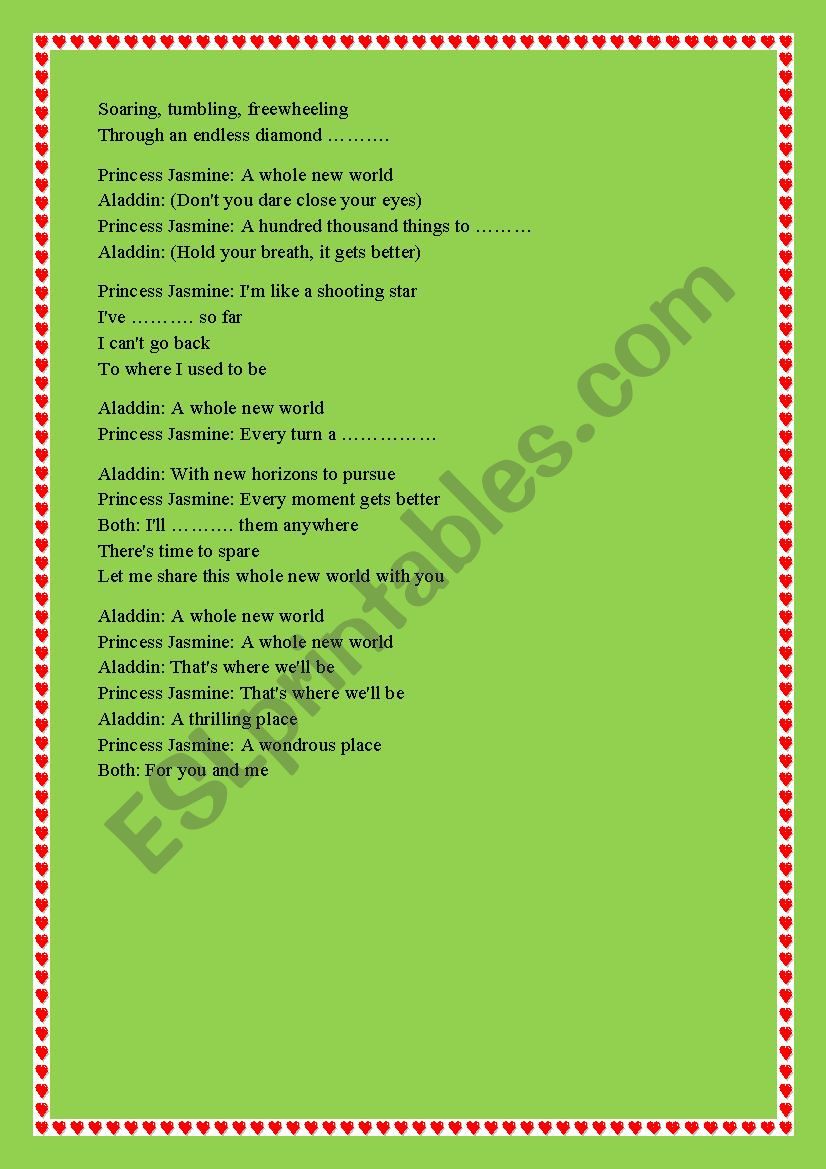 The Whole New World Lyrics Esl Worksheet By Anita1923