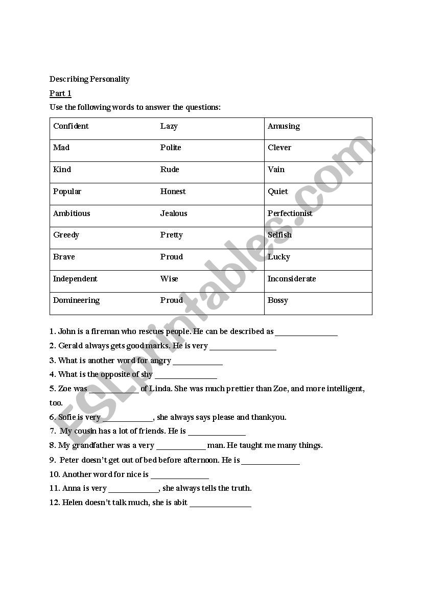 Describing People worksheet