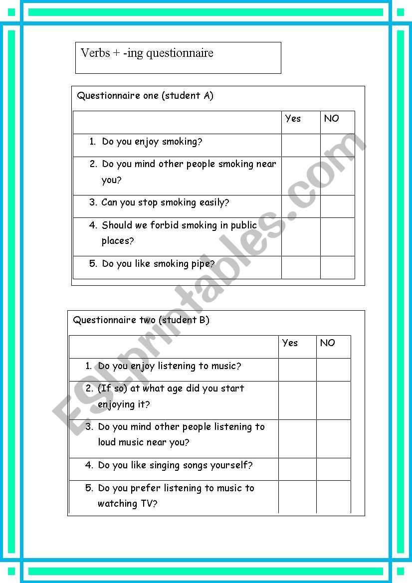 Questionnaires (verbs+ing) worksheet