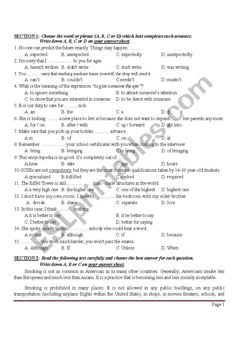 english test - pre-intermediate level