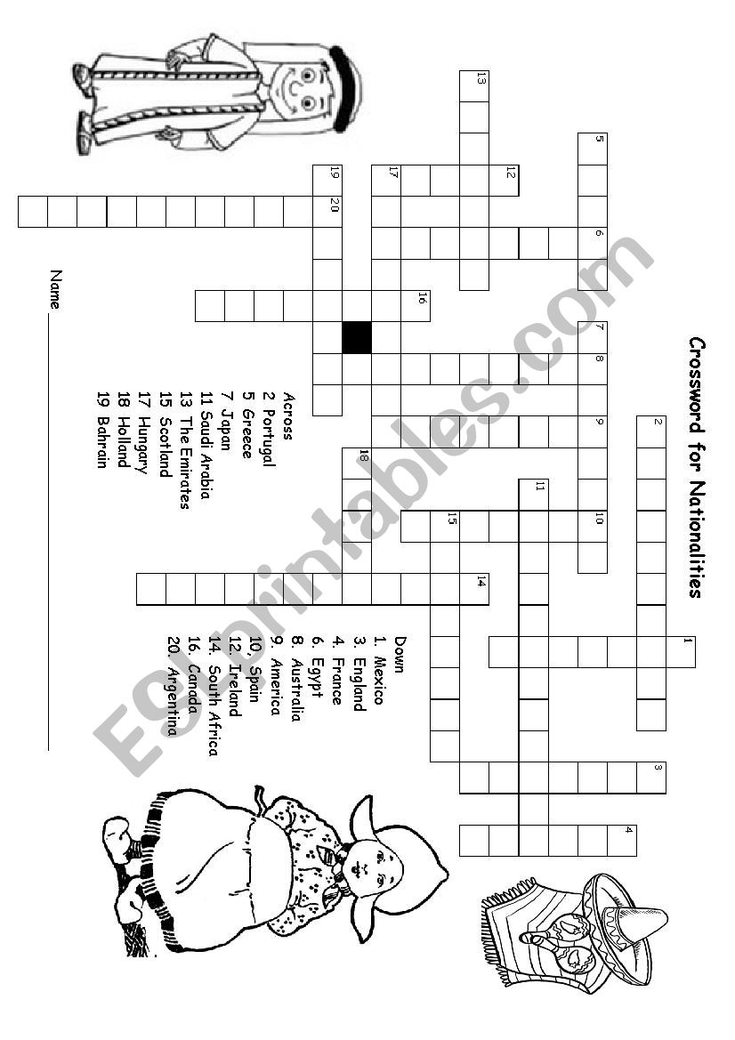 Crossword For Nationalities worksheet