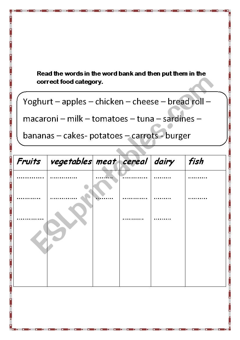 categorize worksheet