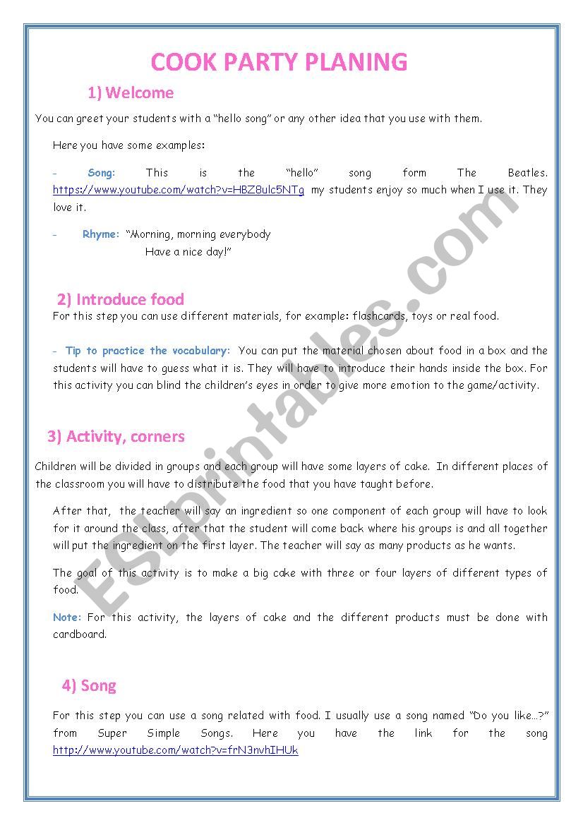 Cook party/lesson planning worksheet