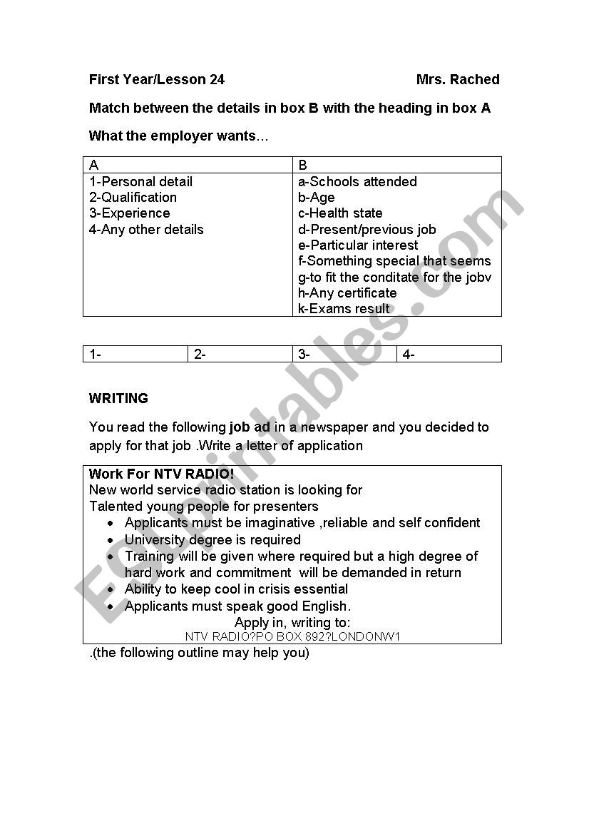 First Year lesson 24 worksheet