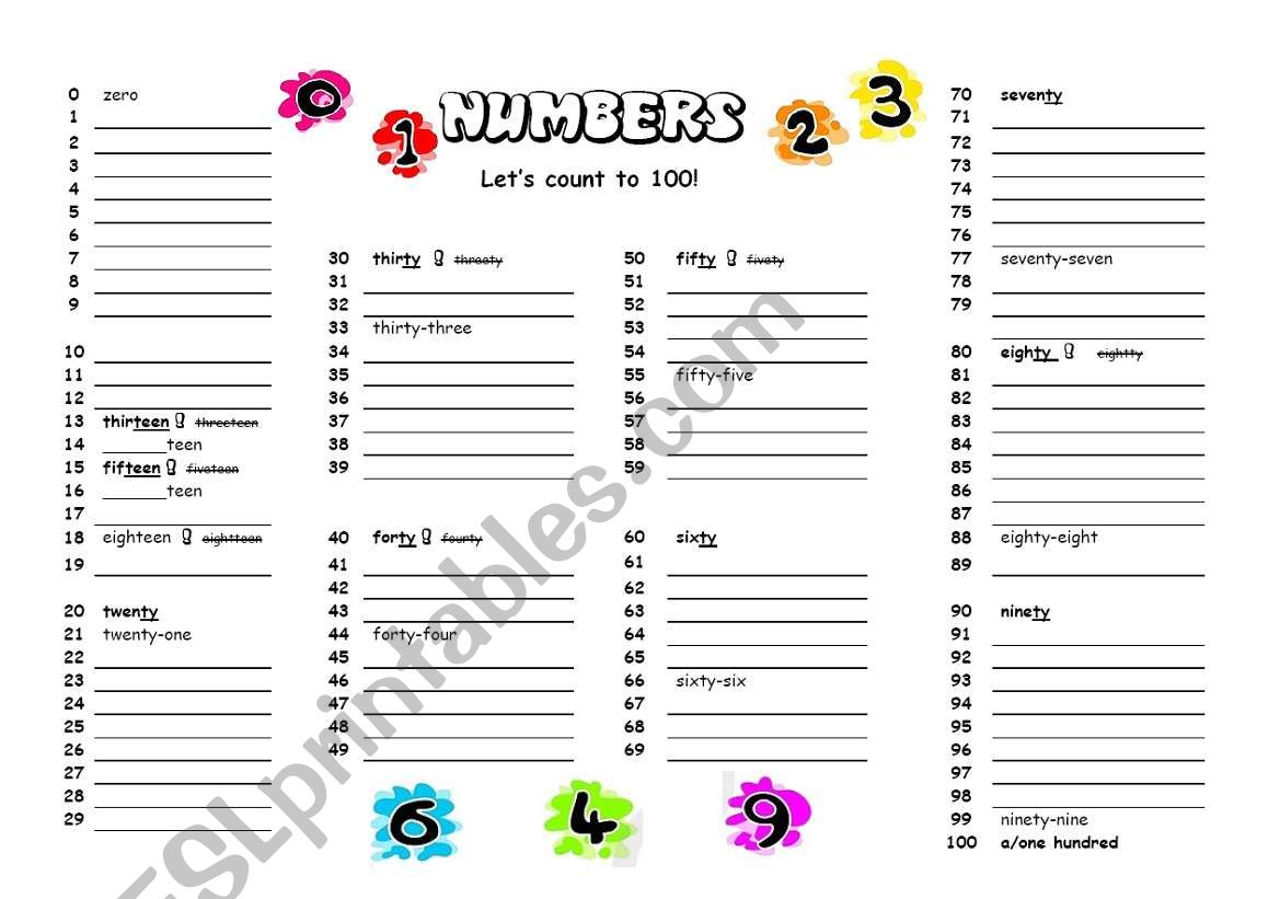 Numbers from 0 to 100 worksheet