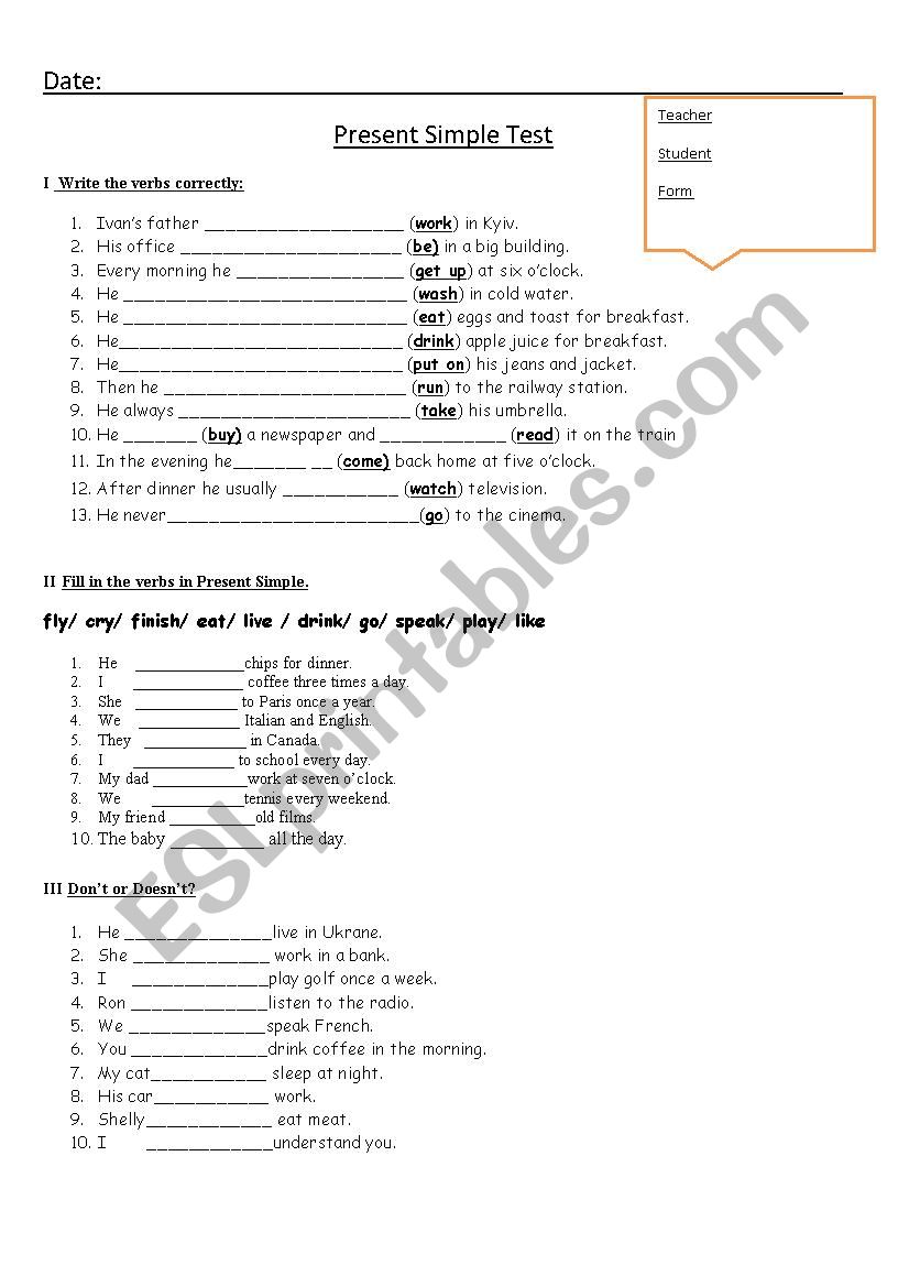 Present Simple test worksheet