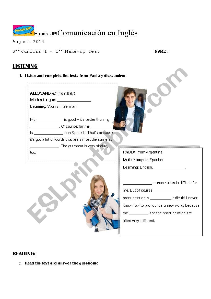 Test vs topics worksheet