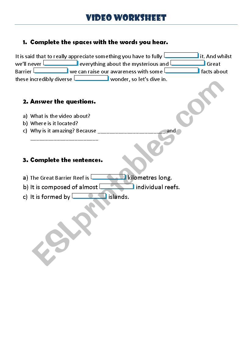 Great barrier reef worksheet