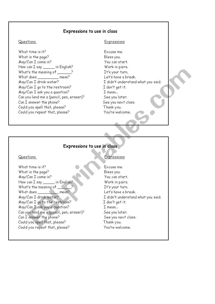 Useful classroom expressions worksheet
