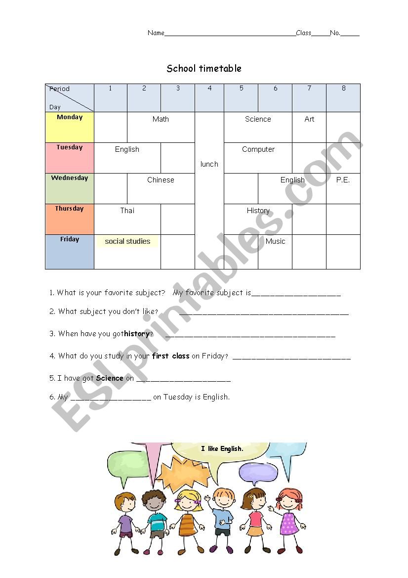 school subject worksheet