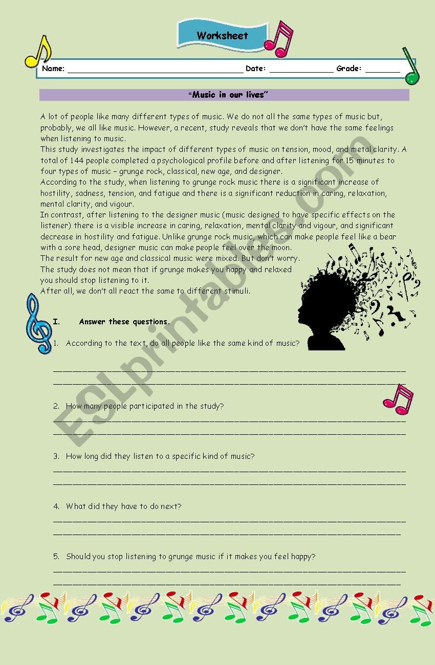 Music in our lives worksheet