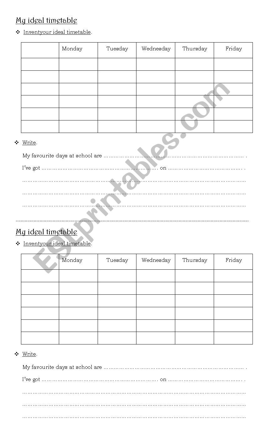 My ideal timetable worksheet