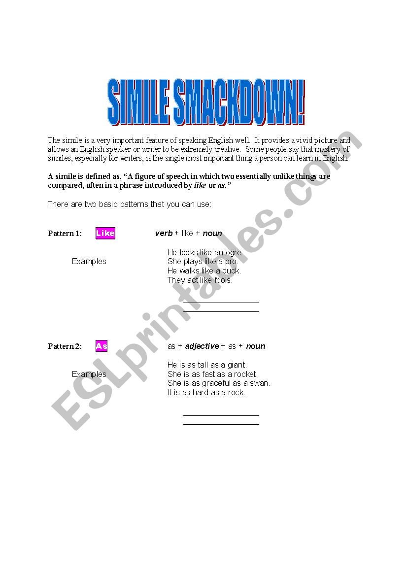 similes worksheet