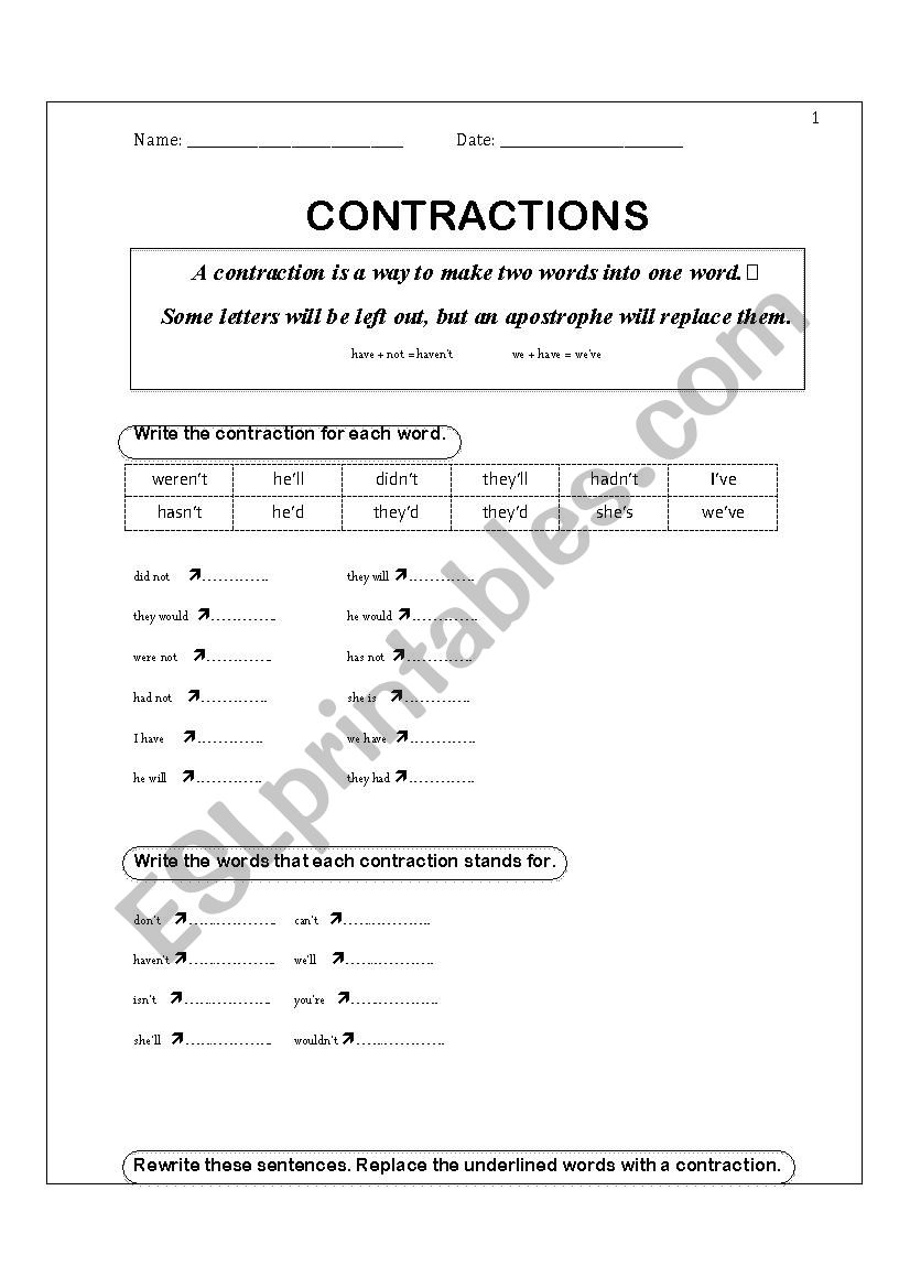 Contractions worksheet