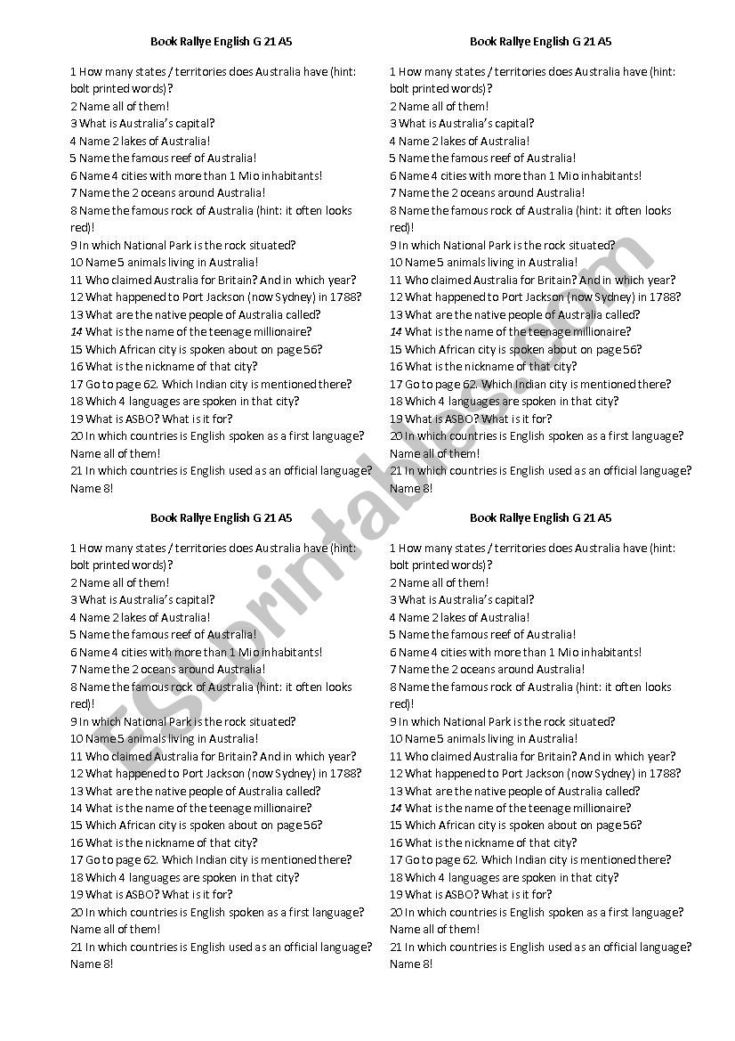 Book rallye A5 G21 worksheet