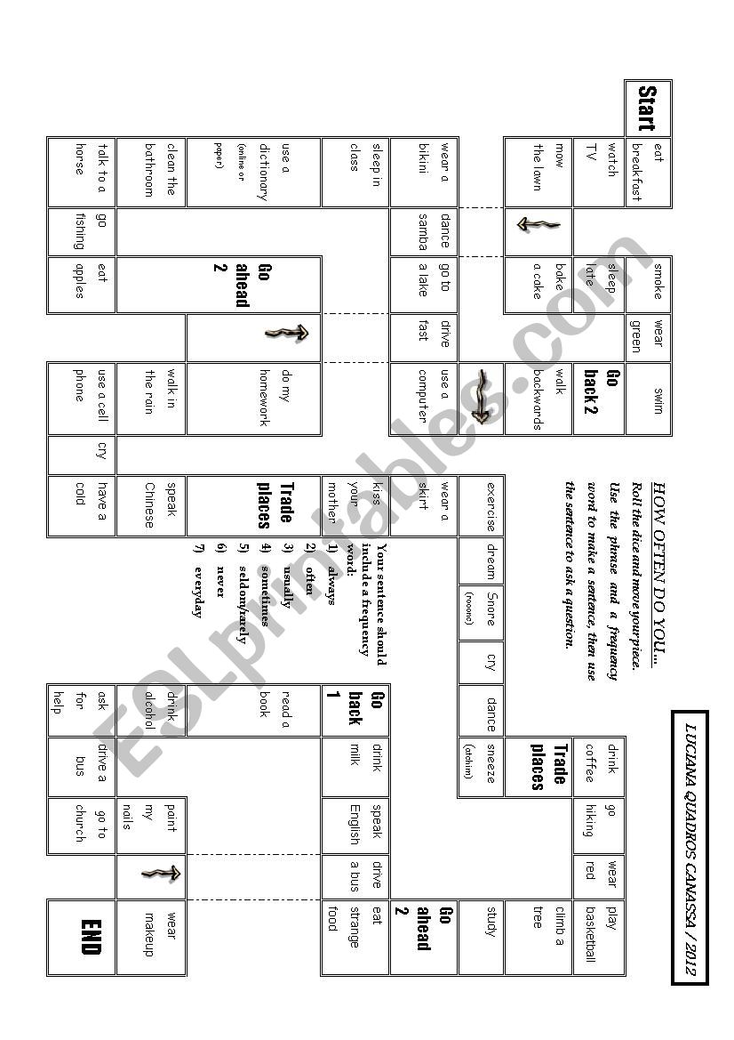 Board Game How Often Worksheet Free Esl Printable