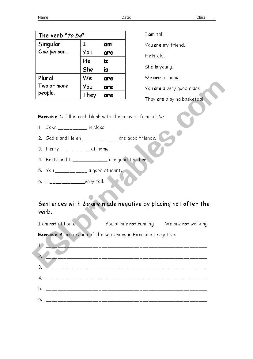 To Be (present tense and negatives) worksheet 