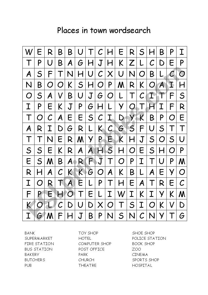 Places in town wordsearch worksheet