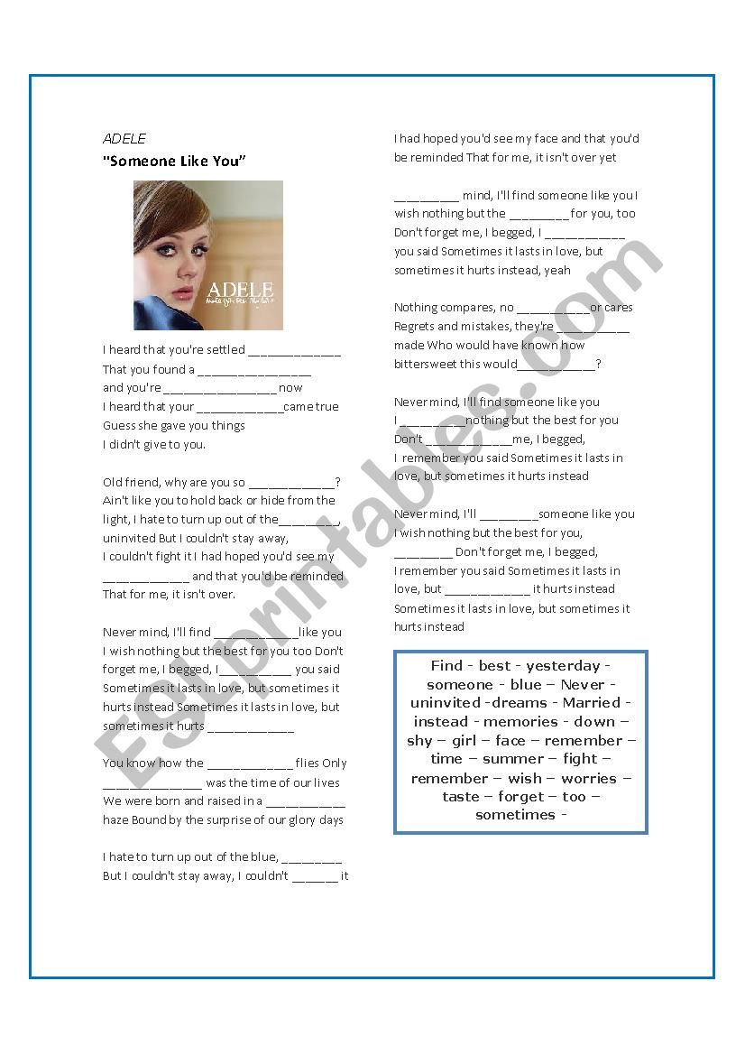 Adele - someone like you song worksheet