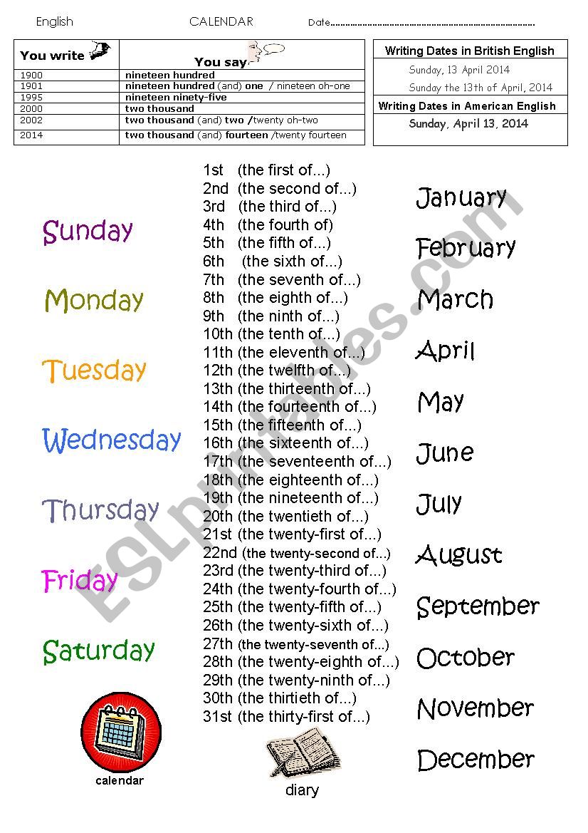 calendar handout worksheet