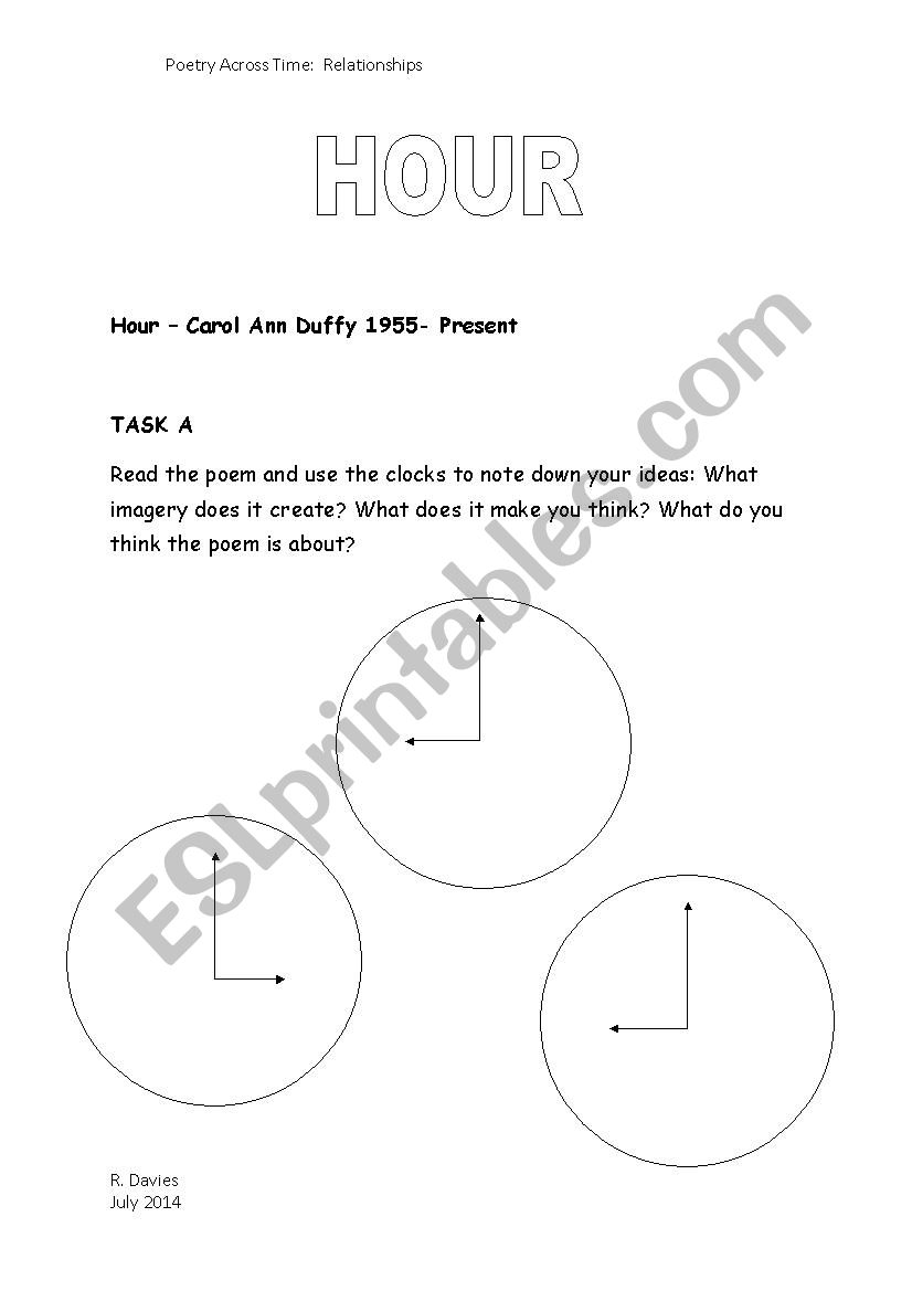 Hour by Carol Ann Duffy worksheet