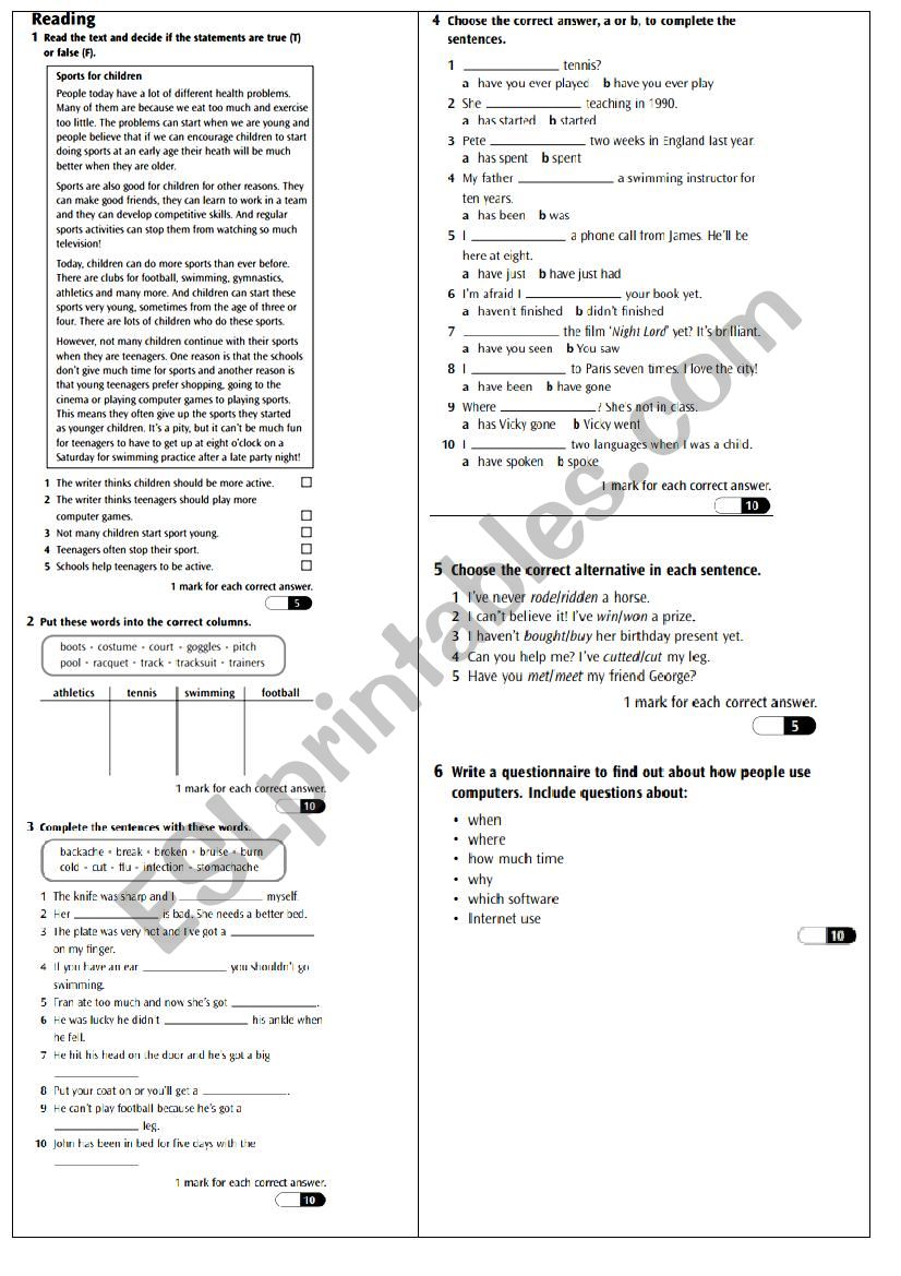 Test on theme sports worksheet