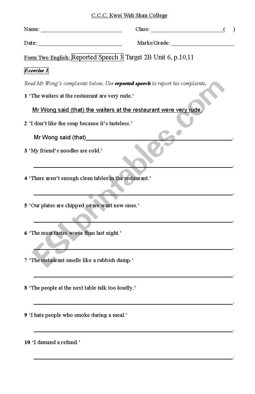 exercise worksheet