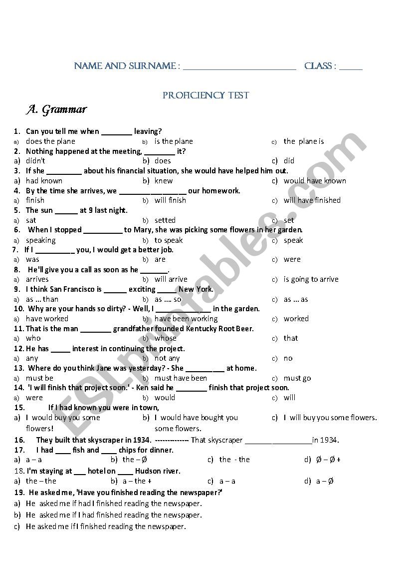 Proficiency Test  worksheet