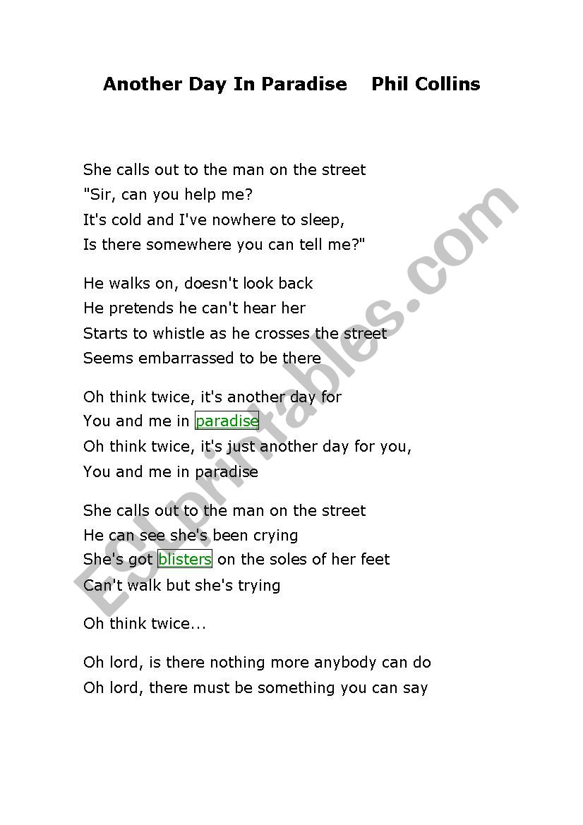 just another day in paradise on Another Day In Paradise Song Esl Worksheet By Braziltutor14