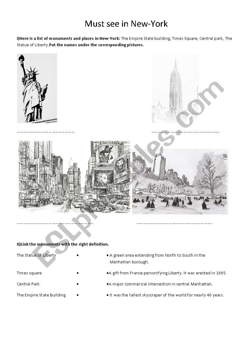 NYC monuments worksheet worksheet