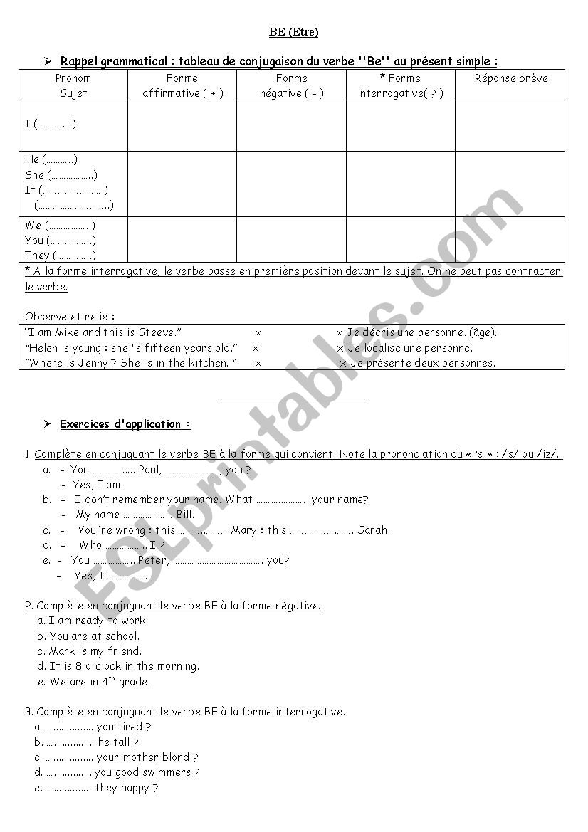 BE in the present simple chart and exercises