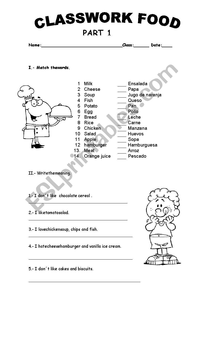 Food classwork part 1 worksheet